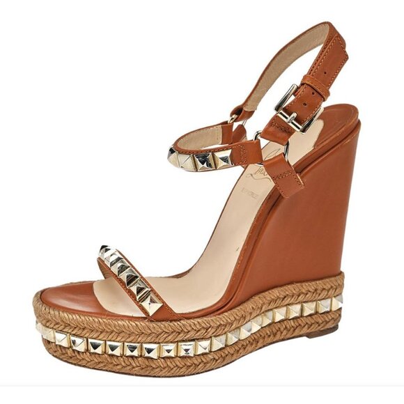 Christian Louboutin Cataclou Sandals Wedge Studded Brown Gold 38 - Picture 1 of 12